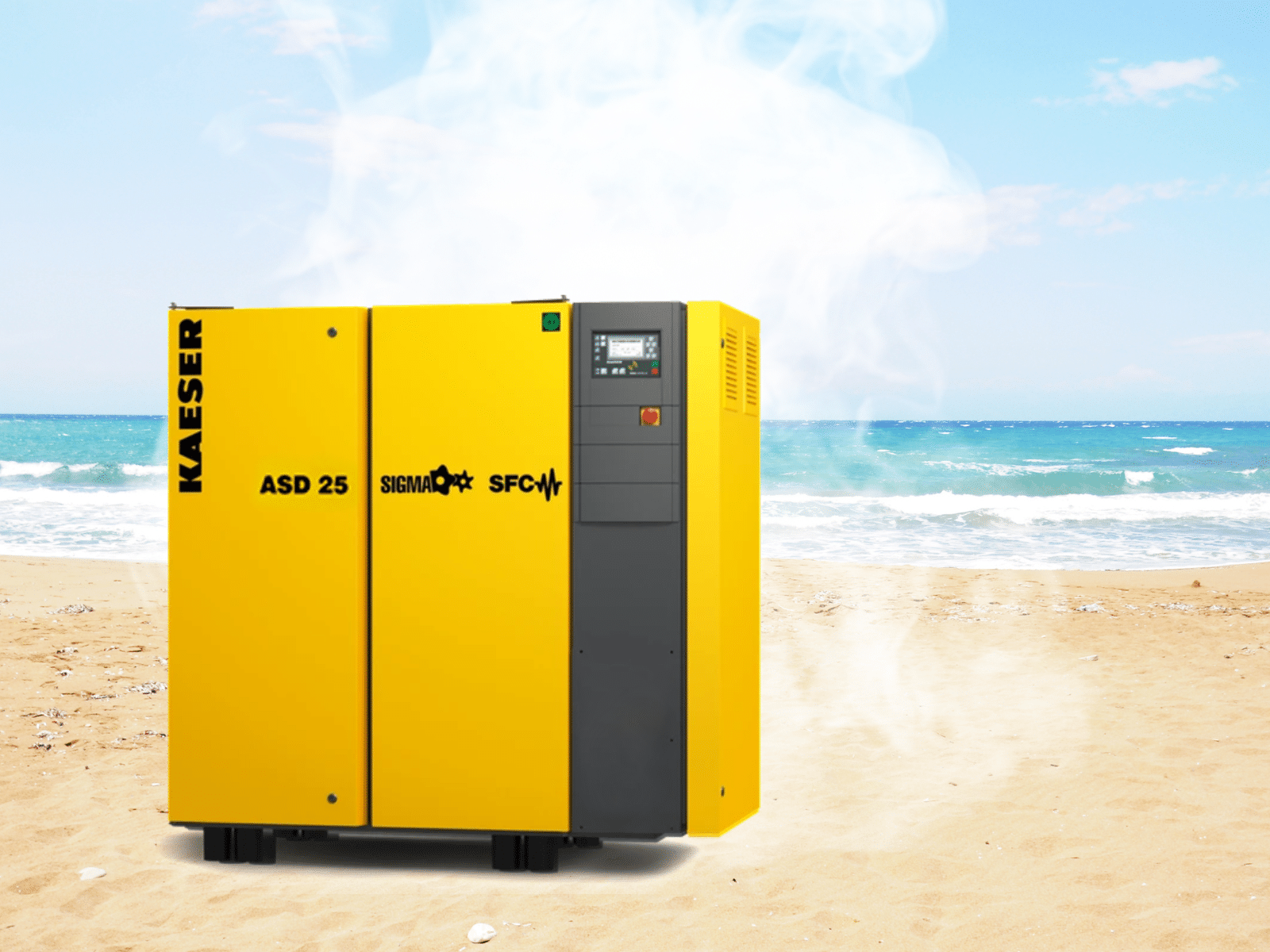 hot air compressor steaming on the beach to emphasize importance of preparing your air compressor for summer heat and humidity